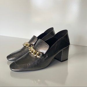 Zara Metallic Pewter Leather Mid Heeled Loafers